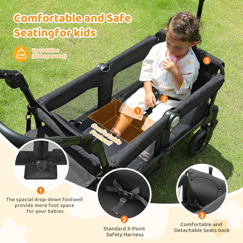 ELEMARA Stroller Wagon, 2 Seat Stroller for 2 Kids, Premium All Terrain Stroller for Kids w/Removable Canopy, Adjustable Push/Pull Handle, Large Storage Bag, Black