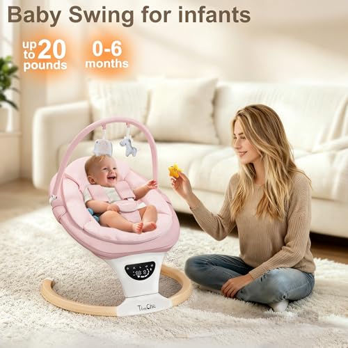 TimChic Baby Swings for Infants, Portable Infant Swing with 5-Speeds, 3-Adjustable Height, 3 Timer & 12 Preset Melodies, Mutil-Function Electric Swing for Baby, Indoor & Outdoor Use (Pink)