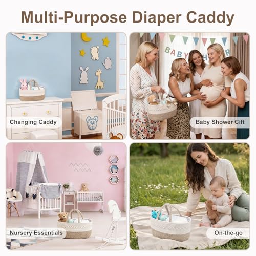 YeaYee Baby Diaper Caddy Organizer, Portable Nursery Storage Basket with Changeable Compartments, 100% Cotton Woven Rope Baskets, Car & Changing Table Tote, Newborn Gift