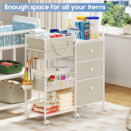 Cidaziya 2In1 Baby Diaper Caddy Organizers and Storage, 3 Tier Rolling Cart with Dividers and Drawers, Mobile Utility Cart Baby Dresser Clothes Organizer for Changing Table, Crib Nursery, Bedroom