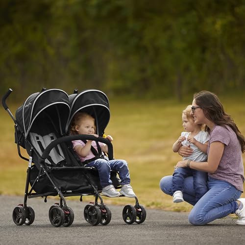 Dream On Me Volgo Twin Baby Stroller, Lightweight Side-by-Side Double Umbrella Stroller with Adjustable Canopy, 5-Point Harness, Storage Basket & Travel-Friendly Fold – Black