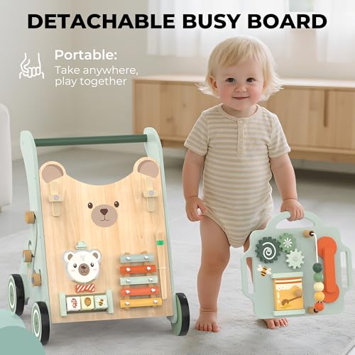 WOODMAM Wooden Baby Walker, Adjustable Speed Baby Push Walker for 1 Year Old, 10-in-1 Montessori Walker for Boys & Girls, Toddler Sit-to-Stand Learning Toy with Detachable Busy Board