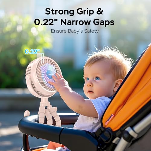 COMLIFE Baby Stroller Fan With Light, Rechargeable Battery Operated, Max 10Hrs Cooling, 3 Speeds, 360° Rotate USB Desk Fan, Flexible Tripod Clip On Fan for Stroller Car Seat Crib Treadmill Golf Cart
