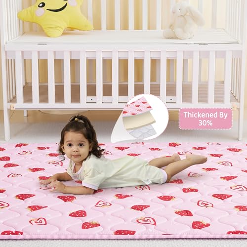 Viviland Baby Play Mats for Floor, Thicken Playmate for Baby and Toddlers, 50" x 50" Playpen Mat, Non-Slip & Machine Washable - Pink Strawberry