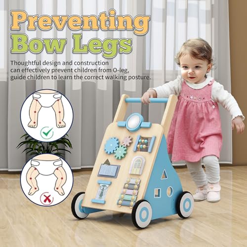 Tltaroni Baby Walker with Activity Center, Wooden Walker Toddler Push Walker Adjustable Height and Speed Montessori Walker Toy for Boys Girls Ages 9+ Months, Blue