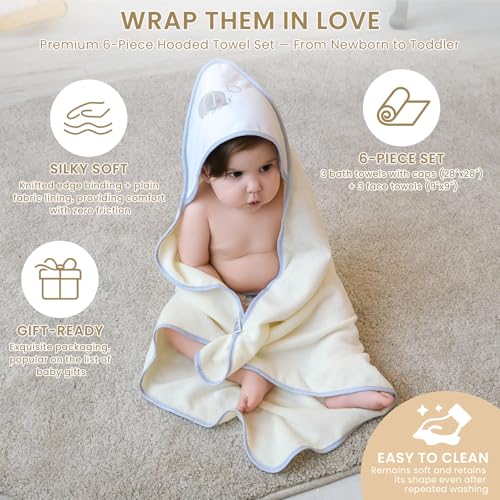 Softan Baby Hooded Towels and Washcloths Set 6 Pack, 28x28 Ultra Soft & Absorbent Baby Bath Towels for Newborn Infant Toddler, Unisex Boys Girls (Green Elephant)