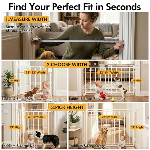 Baby Gate for Stairs Doorways & Kitchen, Extra Wide 32"-54" W x39 H Extra Tall, No Bottom Bar Dog Gate, One-Handed Auto-Close, Hardware Mount Safety Gate for Dogs & Toddlers, White