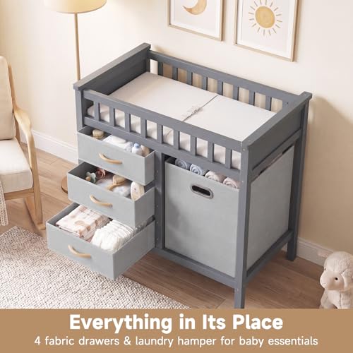 INFANS Wooden Baby Changing Table with Comfy Changing Pad, 3 Fabric Drawers, Laundry Hamper, Safety Belt, Diaper Station Dresser for Nursery Infant (Light Gray)
