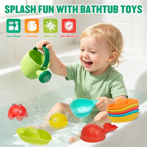 16PCS Baby Bath Toys for Kids Ages 1-3, Mold Free No Hole Bath Toy Set, Easy Clean Bathtub Pool Water Table Toys for 1 2 3 Year Old, Floating Boats Bucket Watering Can Bath Toys for Babies 12+ Months