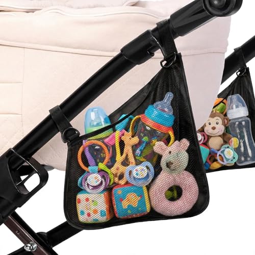 Elfzone Stroller Side Bag - Bike/Stroller Organizer, Hook & Loop Easy Attach - Mesh Design, Non-Slip Straps, mom Cozy Stroller Organizer, Stroller Accessories, Black (BLACK 2PCS)
