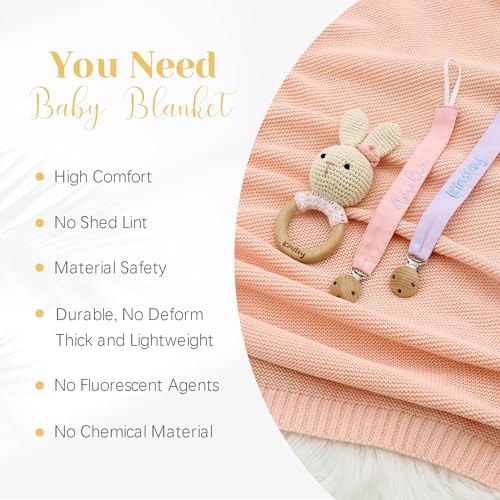 Personalized Custom Knit Baby Blanket w/Embroidered Name, 40 * 30 inch, Handmade Cotton Nursery Blankets, Customized Receiving Newborn for Boy Girls Kids, Birthday Christmas