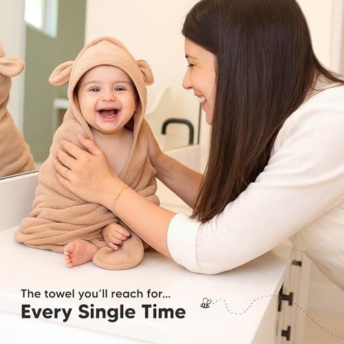 KeaBabies 2-Pack Hooded Baby Towels for Newborn - 30x30 Soft & Absorbent Viscose from Bamboo Baby Bath Towels with Hood for Infant, Toddler,Kids,Boys Girls,Newborn Bath Essentials (Almond, Petite)