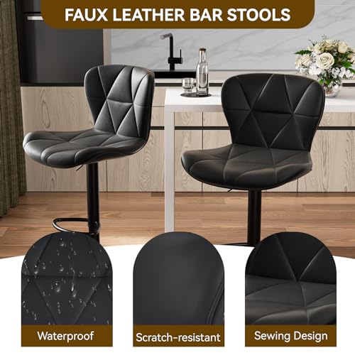 Nalupatio Modern Bar Stools Set of 2, Adjustable Faux Leather Upholstered Swivel Bar Stools, Counter Height Bar Chairs with Back for Kitchen Island, Black