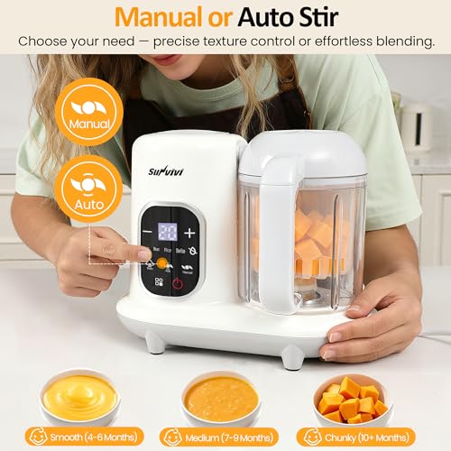 Sunvivi Baby Food Maker: All-in-one Baby Food Processor with Steam, Heating, Unfreeze, Blender, Electric Blender and Food Processor Combo with Self Clean LCD Display, Baby Food Steamer Grinder White