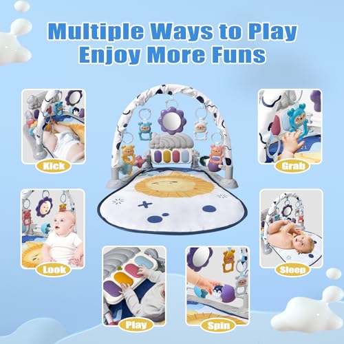 Cuterabit Baby Play Gym Mat, Baby Gym Activity Center, Kick and Play Piano with Music and Light, Tummy Time Toys for Newborn Babies Infants Boys Girls 0-3-6-9-12 Months (Grey)