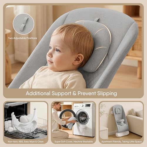 Monamii Baby Bouncer, Baby Bouncer Seat with Detachable Pianos & Feeding Tray, 3-Level Adjustable Positions Bouncing Seat, Infant Bouncer Seat and Toddler Chair (Grey)