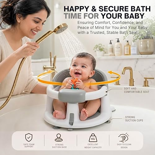 PMV Baby Bath Seat for Sitting Babies, Non-Slip Baby Bath Chair with 3 Suction Cups, Safe & Comfortable Toddler Bath Support Seat for Bath/Shower Use, Stable Design, Gray (6–24 Months) (Gray)