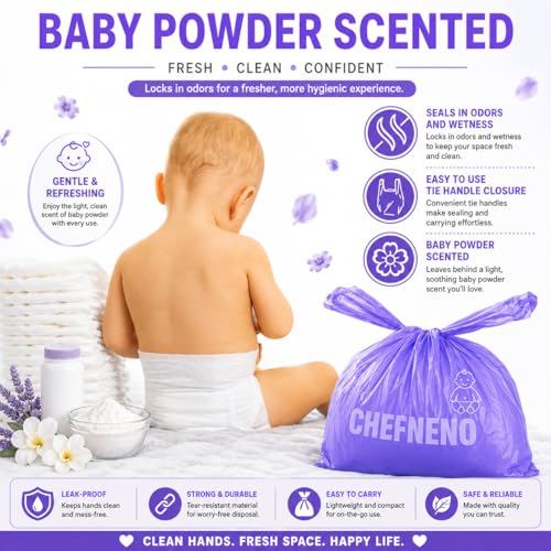 Baby Disposable Diaper Sacks (600 ct.) Fresh Baby Powder Scented, Easy-Tie Diaper Sacks Disposal Bulk Diaper Sacks Dog Poop Bags Cat Litter Waste Bags Sanitary Pads Disposal Bags (600 Bags, Purple)