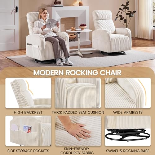 Yaheetech 360° Swivel Glider Chair for Nursery, Rocking Chair Nursing Chair with Side Pockets, Corduroy Glider for Living Room with High Back Beige