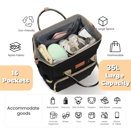 ROSEGIN Diaper Bag Backpack with Changing Pad Pacifier Case, Baby Bag for Boy Girl Toddler - Large,Stylish, Waterproof Travel Quilted Diaper Bag for Mom - Baby Shower Gifts, Black