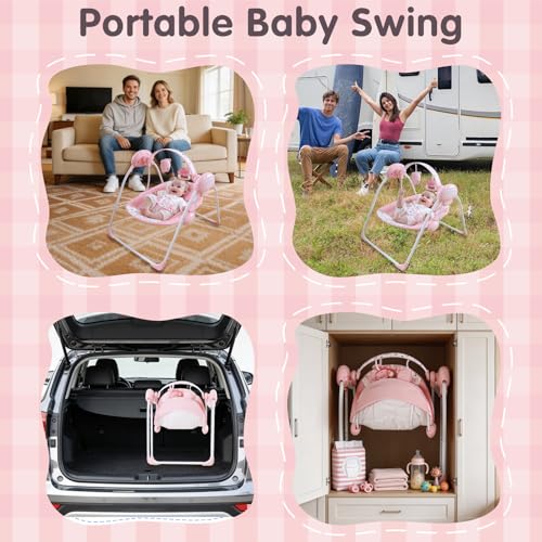Enborbabe Baby Swings for Infants, Portable Baby Swing with Music, 5 Speed Levels, Timer, Infant Swing for Indoor Outdoor Use, 0-9 Months Up to 20 lbs