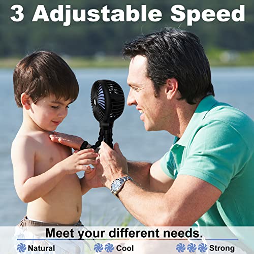 TRELC Mini Stroller Fan, 19H Battery Life, Personal Handheld Clip on Portable Rechargeable Fan with Flexible Tripod, Gift for Children Baby Car Travel BBQ Gym (Black, 4000mAh)