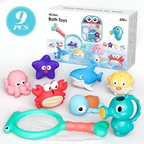Mold Free Bath Toys for Toddlers 1-3, No Hole Ocean Animal Bathtub and Pool Toys with Mesh Organizer, Sensory Water Toys for Babies 6-12 Months, 9 Pack