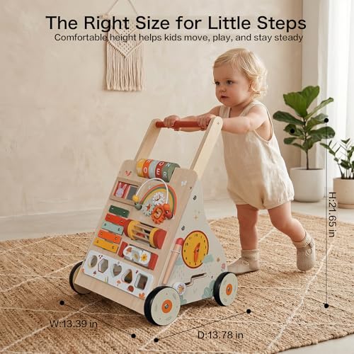 Wooden Baby Walker with Wheels, Baby Push Walker Activity Center for Babies 18 Months+, Montessori Walking Toy for Learning to Walk, Toddler 1st Birthday Gift