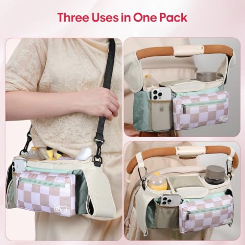 ERRUI Universal Stroller Organizer with Insulated Cup Holders and Detachable Phone Bag,Stroller Caddy Fits for Stroller Accessories like Uppababy, Baby Jogger, Doona, Nuna Stroller (Green Square grid)