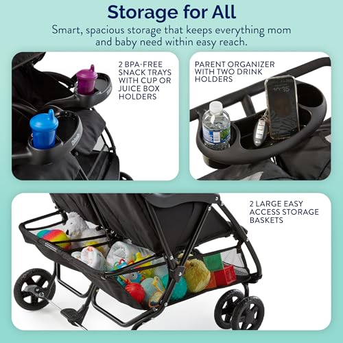 Kolcraft Cloud Plus Lightweight Double Stroller Side-by-Side for Infant Toddler, Compact Folding Travel System with Reclining Seats, Canopies, Storage Basket, Trays, Easy Maneuver - Slate Gray
