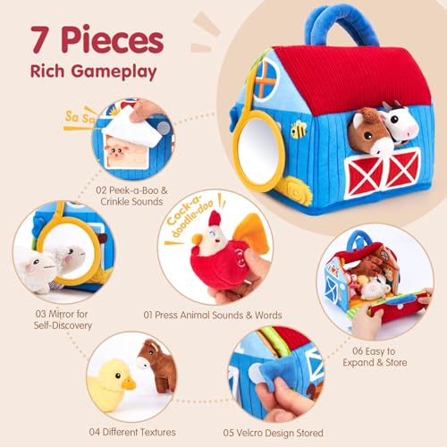 hahaland Baby Toys 6-12 Months - Surprise Barn with Stuffed Farm Animals with Real Sounds - Montessori Toys for 6 Month Old Baby Gifts Toddlers Sensory Toy 1 Year Old Boy Girl Gifts Infant Toys