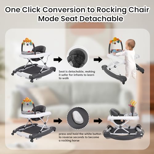 Baby Walker, 5-in-1 Baby Walkers for Boys and Girls 6-12 Months with Bouncer, Removable Footrest, Feeding Tray & Music, Foldable & Adjustable Activity Walker for 6-18 Months Toddler Infant