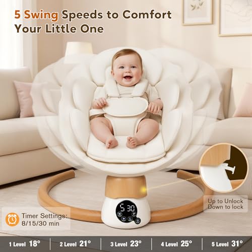 Baby Swings for Infants | Electric Portable Baby Swing with Bluetooth, 5 Swing Speed, 3 Timer Settings, 10 Melodies, 5-Point Harness & Remote Control | Indoor & Outdoor Newborn Swing (Beige)