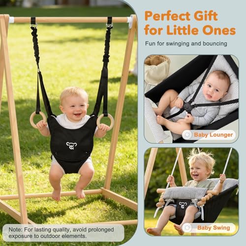 2-in-1 Baby Jumper & Swing, Montessori Wooden Toddler Swing Set with Stand for Indoor/Outdoor, Baby Bouncer Jumper & Hammock Swing with 5-Point Harness, Suitable for Children Ages Up to 3 Yrs