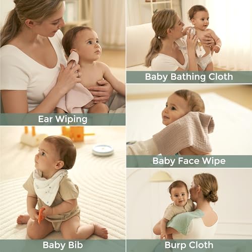 Momcozy Baby Washcloths - 4 Layer Design| Medium Thickness| Soft & Absorbent| Premium Cotton for Newborns'Skin-Great for Bathing, Wiping & on-the-go Use, Shower Gift and Essential(5 Pack, 10x10 inch)