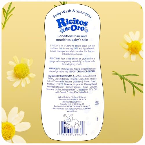 Ricitos de Oro 2-in-1 Baby Shampoo and Body Wash with Chamomile & Honey, Gentle Tear-Free Formula for Newborns & Toddlers, Sensitive Skin Care with Mild Scent, No Harsh Ingredients, 13.5 fl oz, 2-Pack