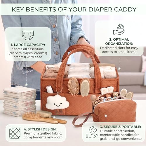 PeraBella Baby Diaper Caddy Organizer, Baby Basket Shower Gift, Portable Changing Table Basket, Postpartum Caddy & Tote Bag Pouch, Newborn Boy & Girl Nursery Essentials Registry, Car Diaper Organizer