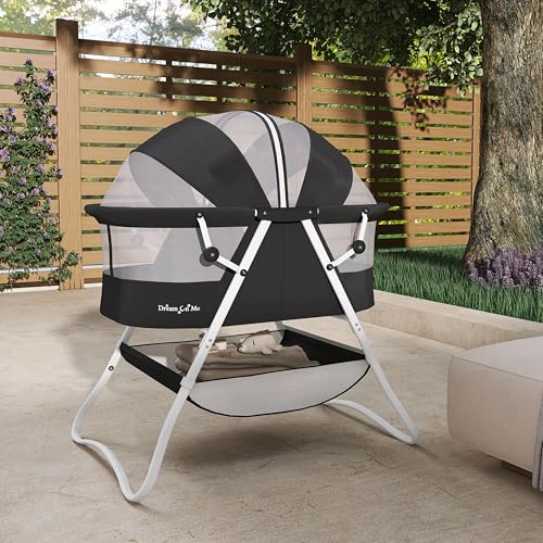 Dream On Me Karley Bassinet, Award Winner Lightweight Travel Baby Bassinet, Foldable Bedside Sleeper, Adjustable Double Canopy, Spacious Design, Soft Fabric, Storage Basket – Black