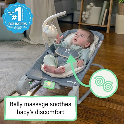 Ingenuity Gas Relief and Anti-Colic Baby Bouncer Seat and Rocker, Gentle Belly Massage to Relax and Soothe Bellies, Instant Tummy Soother, 20 Songs and Melodies – Parker