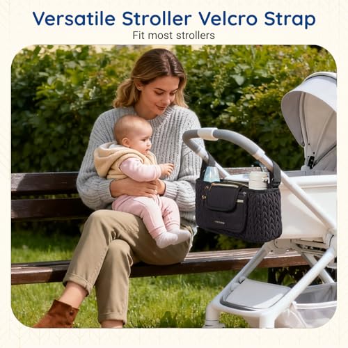 mommore Stroller Organizer with Insulated Cup Holders, Adjustable Stroller Caddy with Detachable Phone Bag, Stroller Accessories Fits for Uppababy, Doona, Jogger, Britax (Black)