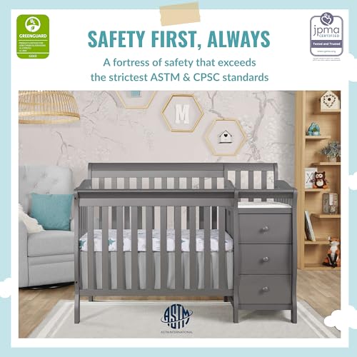 Dream On Me Jayden 4‑in‑1 Mini Convertible Baby Crib & Changer with Storage, Steel Grey, Pinewood, GreenGuard Gold & JPMA, 1” Mattress Pad, 3 Mattress Heights, Converts to Mini Day & Twin-Size Bed