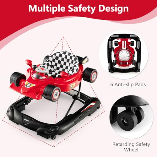 INFANS Foldable Baby Walker, 3 in 1 Toddler Activity Center Leaning-Seated Walk-Behind with Steering Wheel, Adjustable Height, Lights, Music, Washable Seat Cushion (Cherry)