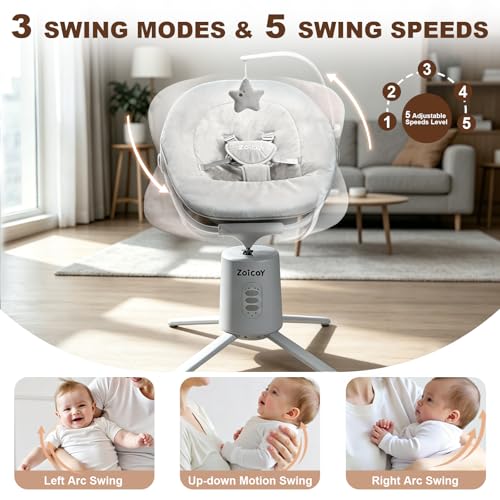 Zoicay Baby Swing,Baby Swings for Infants with 3 Modes & 5 Speeds, BT Enabled App & Remote Control, Electric Swing – 6 Melodies and 3 Timer Setting, 2 Seat Positions and 5-Point Harness Swing (Gray)