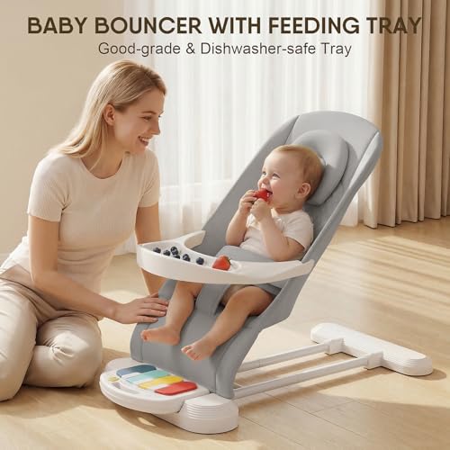 Monamii Baby Bouncer, Baby Bouncer Seat with Detachable Pianos & Feeding Tray, 3-Level Adjustable Positions Bouncing Seat, Infant Bouncer Seat and Toddler Chair (Grey)