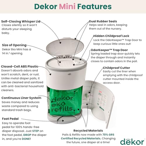 Diaper Dekor EKO MINI Diaper Pail, White, ONLY Eco-Friendly Diaper Pail Made with 70% Recycled Materials, Hands-Free: Step–Drop–Done, Cost-Effective Refill System