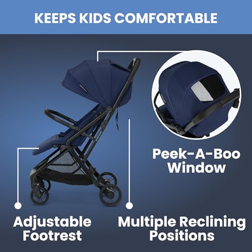 Delta Children Icon Ultra Compact Lightweight Everyday & Travel Stroller - One-Hand Fold - Only 15.6 Pounds - Fits in Overhead Compartments - Greenguard Gold Certified - Multi-Position Recline, Navy