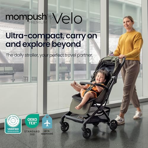 Mompush Velo Lightweight Travel Stroller, Compact & Airplane-Friendly Design with One-Hand Fold, Lie-Flat Recline from Newborn to Toddler, Includes Leather Bumper Bar, Raincover & Cup Holder