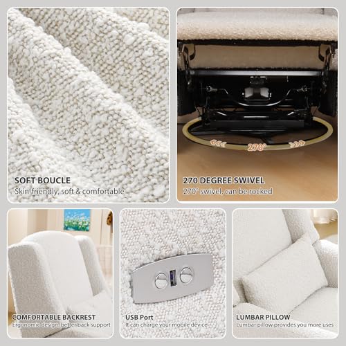 SENYUN Power Recliner Chair Swivel Glider, Large Rocker Recliner w/USB Charging Port, Boucle Upholstered Swivel Rocker Glider Recliner for Nursery,Bedroom,Living Room, 1PC, Cream