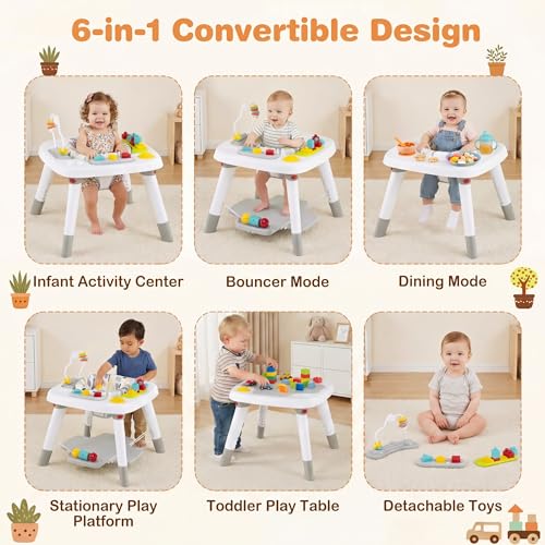 HONEY JOY Baby Bouncer Activity Center, 6-in-1 Infant Jumper & Standing Play Table w/ 360° Rotary Seat, 5 Toys, 3 Adjustable Heights, Music & Sounds, Activity Center for Babies(Gray)