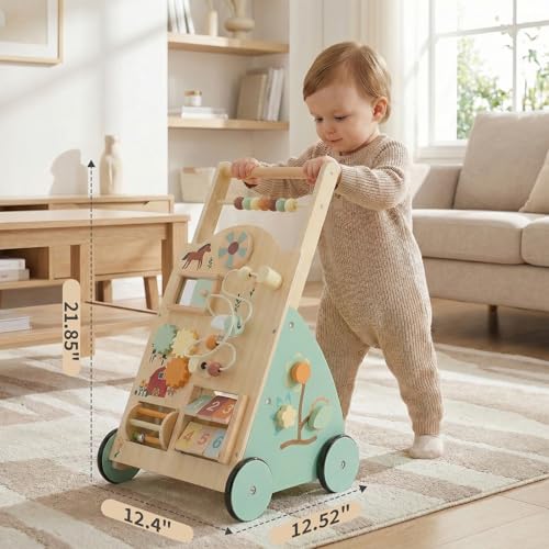 DUMOS Wooden Baby Push Walker, Montessori Activity Toys with Adjustable Speed for 1 Year Old, Silent Rubber Wheels, Wood
